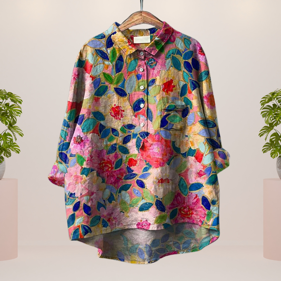 Tilda – Verspielte Bluse mit Hunde-Print und Knopfleiste