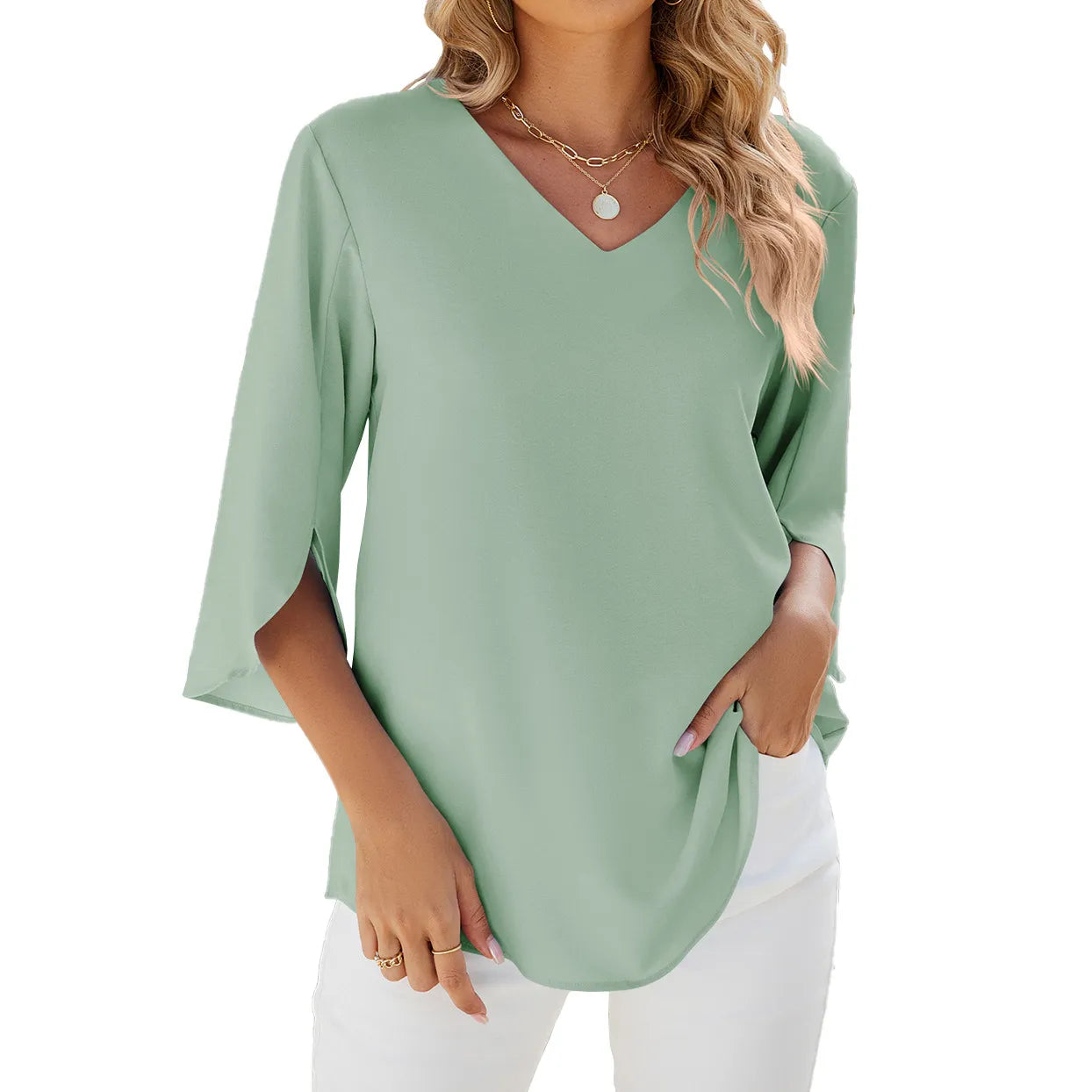 Teresa - Schicke Chiffonbluse Tunika mit V-Ausschnitt