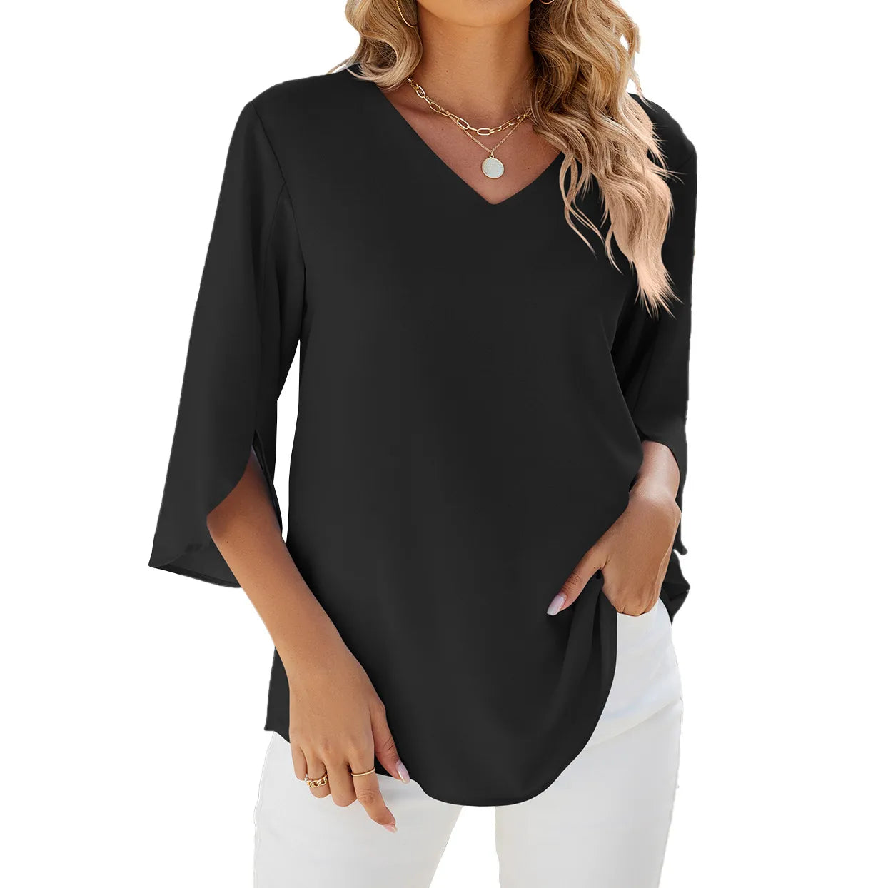 Teresa - Schicke Chiffonbluse Tunika mit V-Ausschnitt