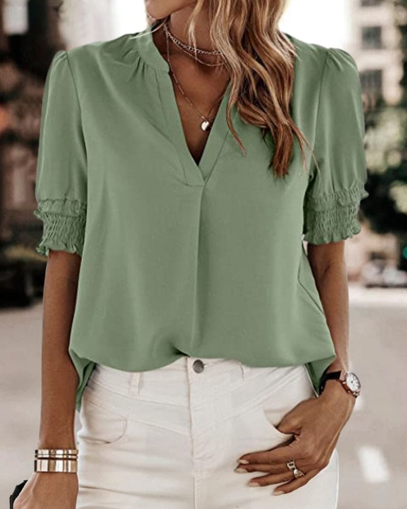 Sophia – V-Ausschnitt Bluse mit Kurzen Ärmeln