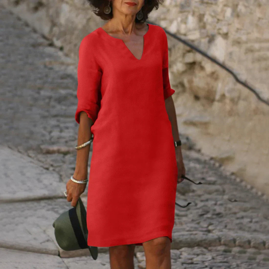 Lina – Damenkleid mit V-Ausschnitt und 3/4-Ärmeln