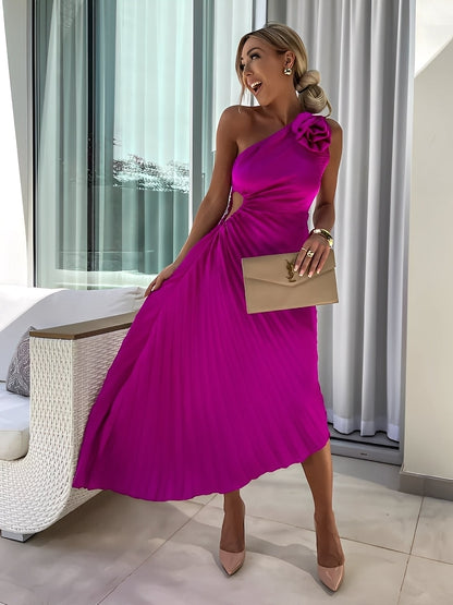 Rachael - Elegantes Damenkleid mit Falten und Blumen an der Schulter
