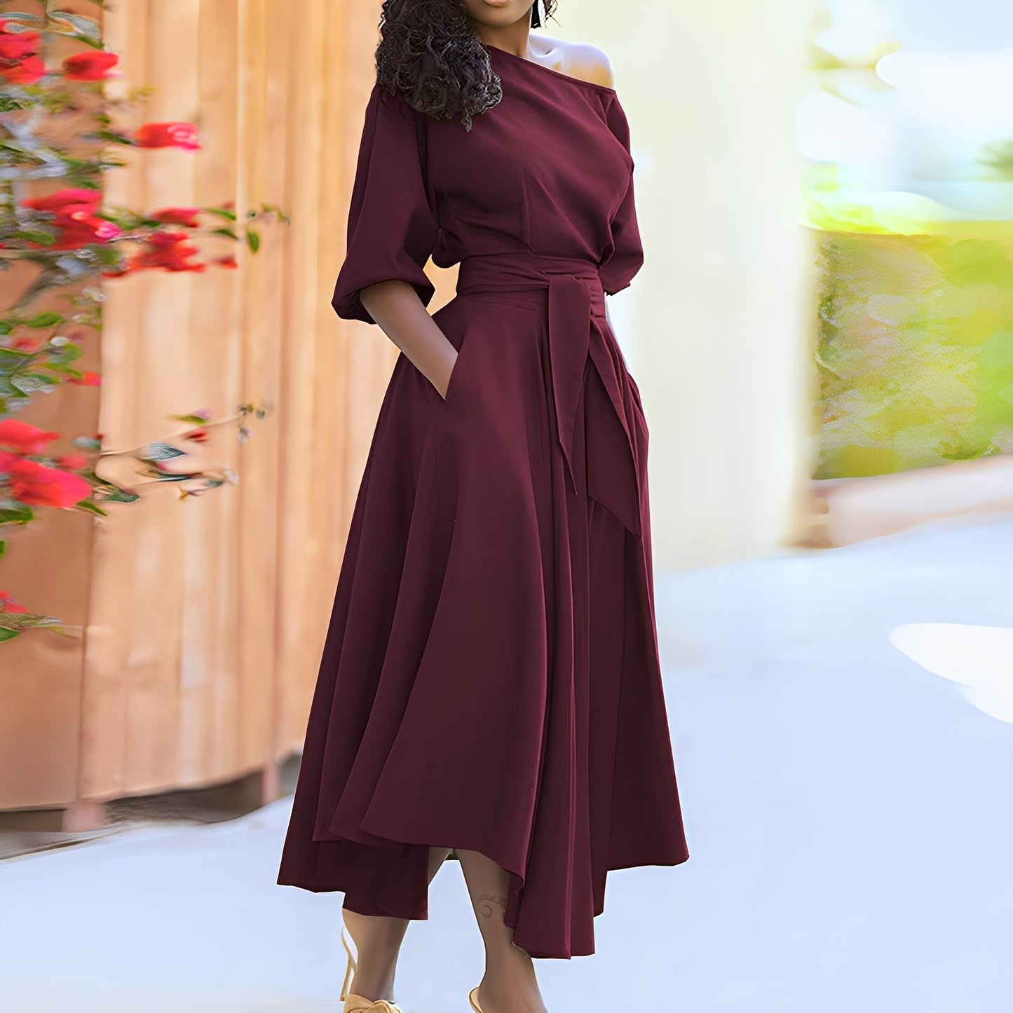 Dahlia - Elegantes Damenkleid ohne Schultern mit Gürtel