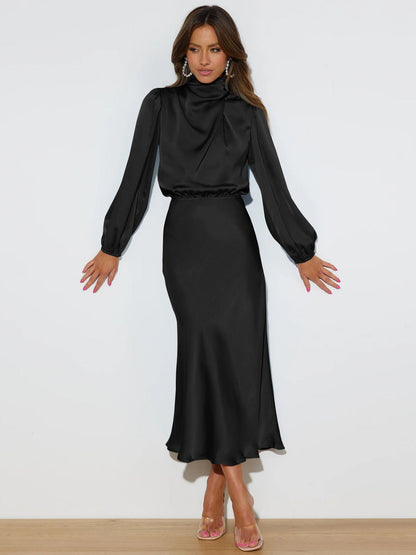 Danica - Elegantes Damenkleid mit Neckholder und langen Ärmeln