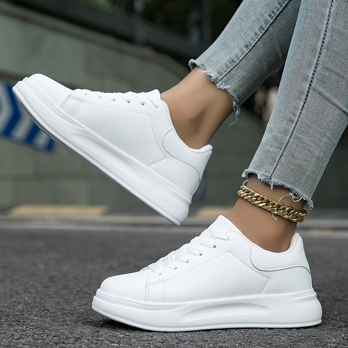 Techno - Damen Sneaker aus weißem Leder, Einfacher Look