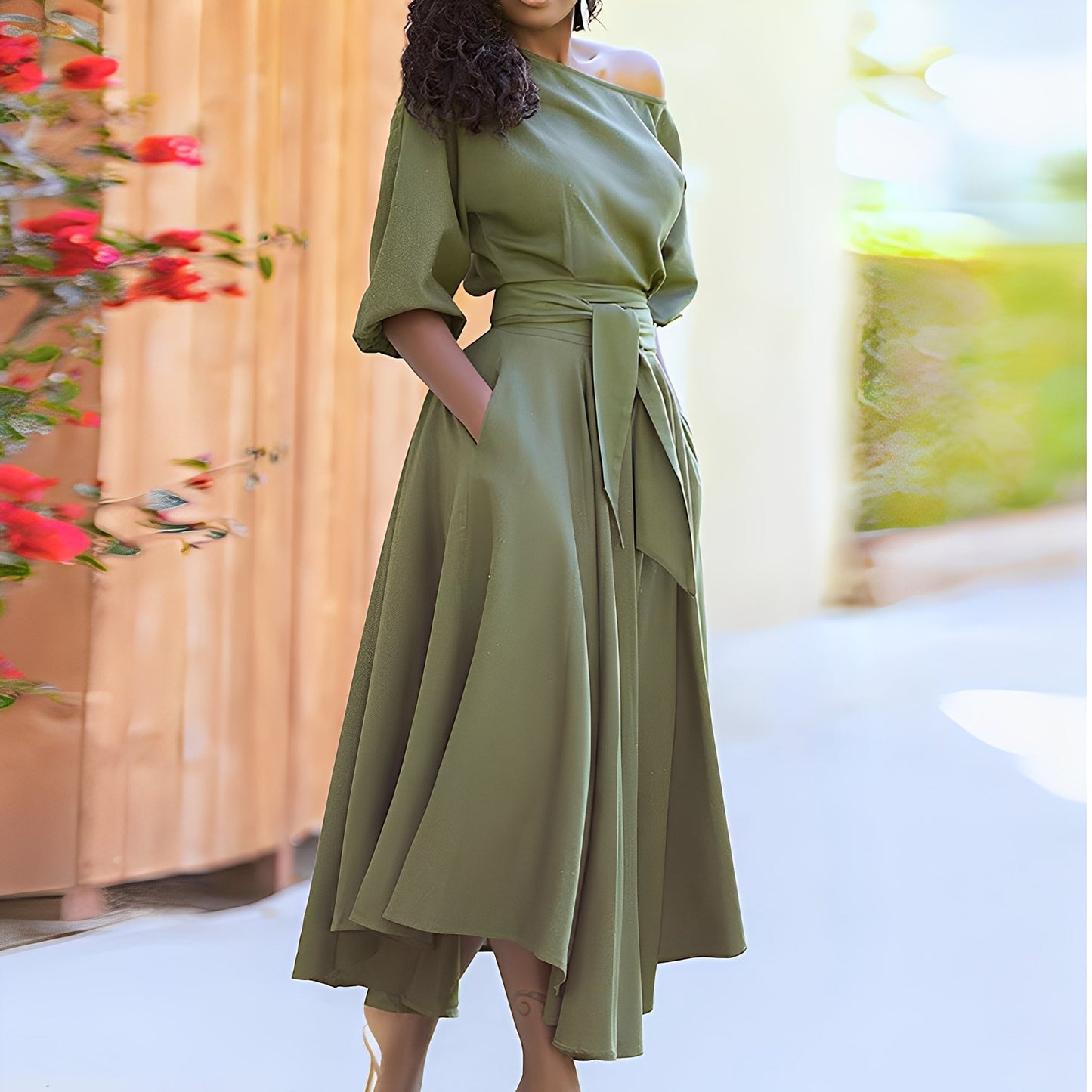 Dahlia - Elegantes Damenkleid ohne Schultern mit Gürtel