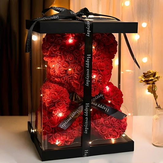 Teddie - Herziger Rosenbär mit LED-Geschenkbox für den Valentinstag