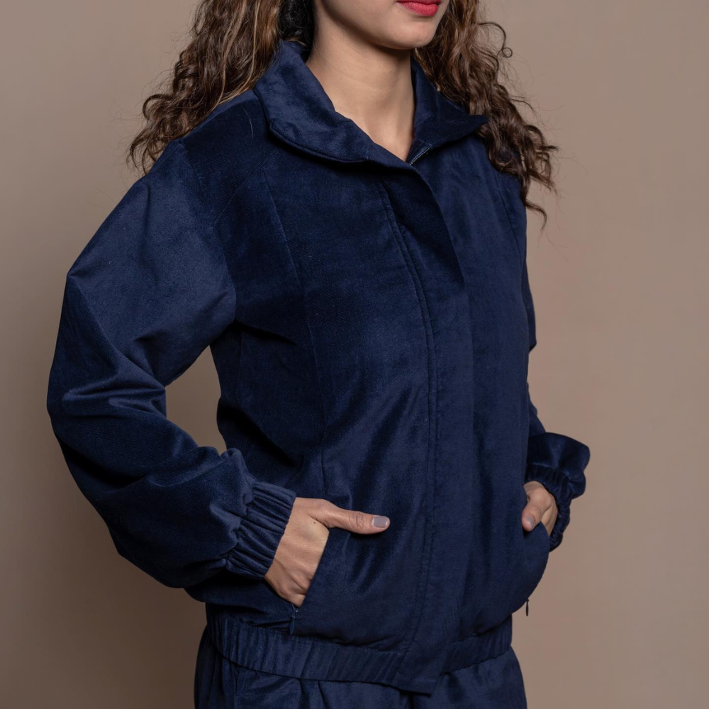 Marineblaue Velours-Bomberjacke