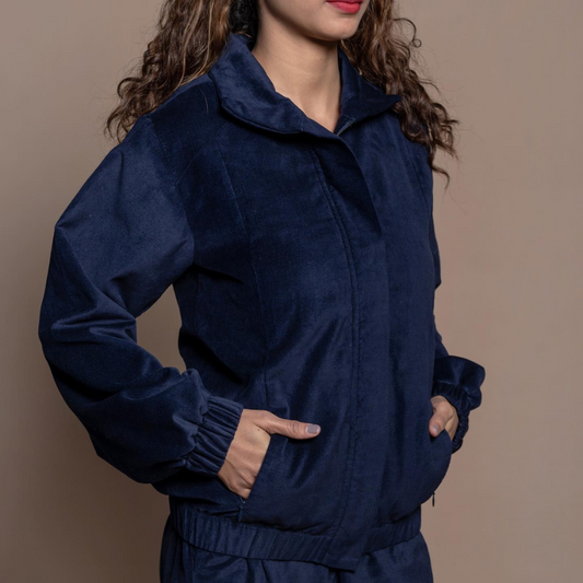 Marineblaue Velours-Bomberjacke