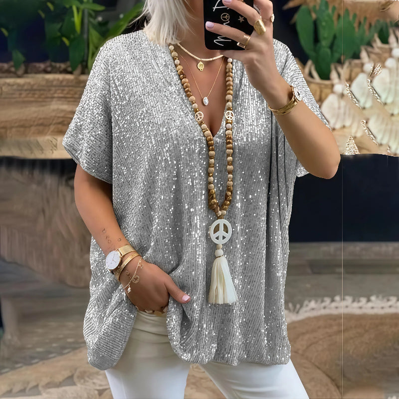 Paola - T-Shirt mit Pailletten und V-Ausschnitt
